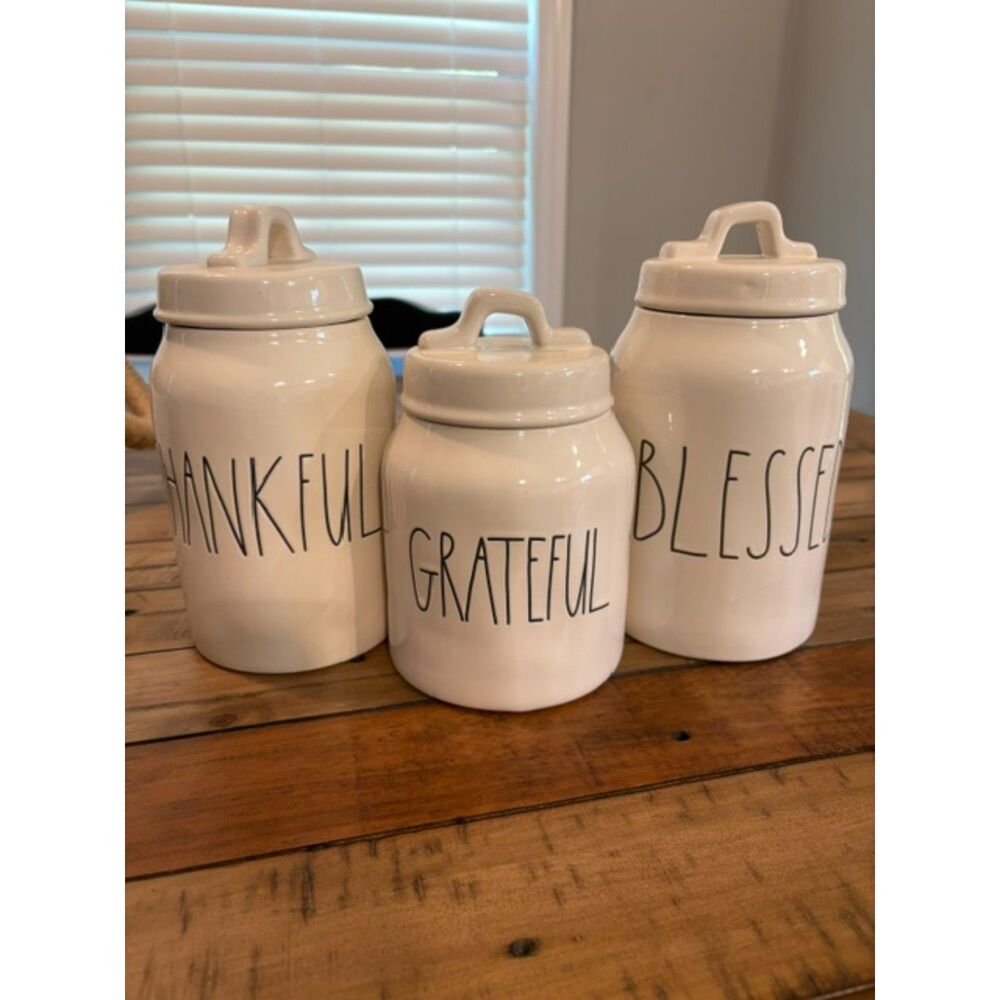 Rae Dunn Artisan Collection Grateful Thankful Blessed Canister Set of 3 NWT